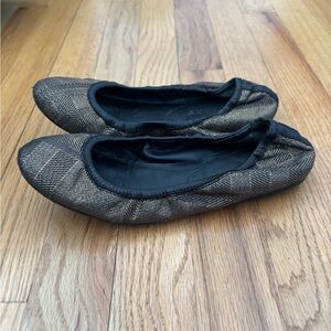 Burberry Ballet Flats Black Metallic Tweed Fabric Leather Made in Italy